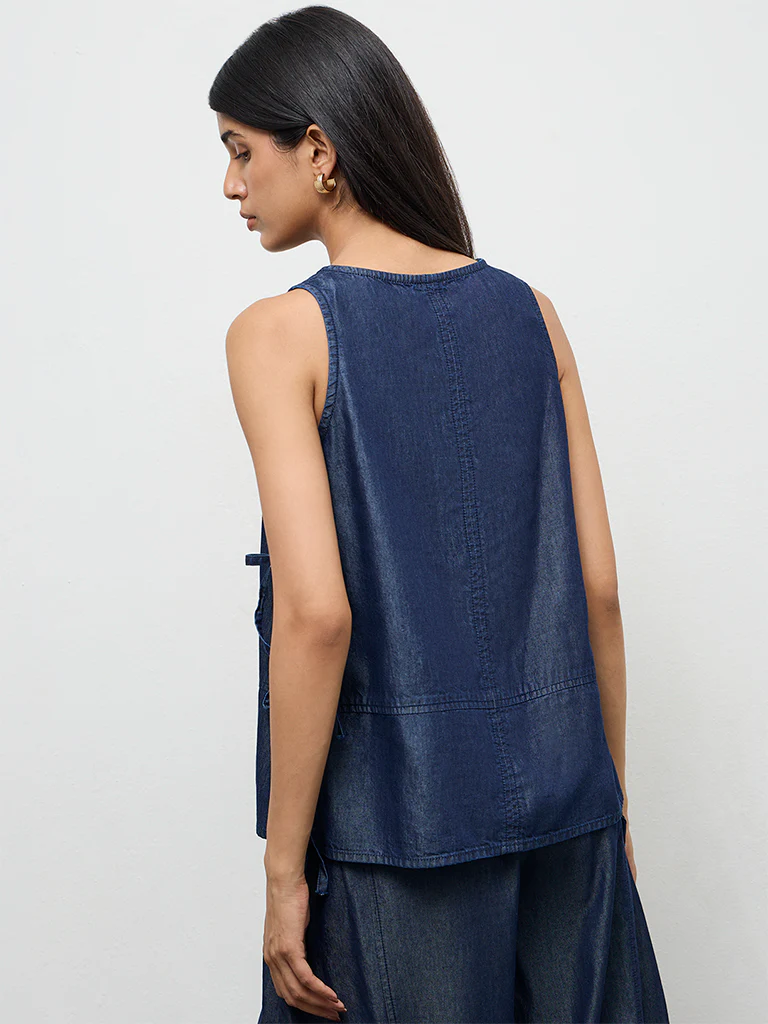 LOV Dark Blue Tie-Up Cotton-Blend Top - Image 4