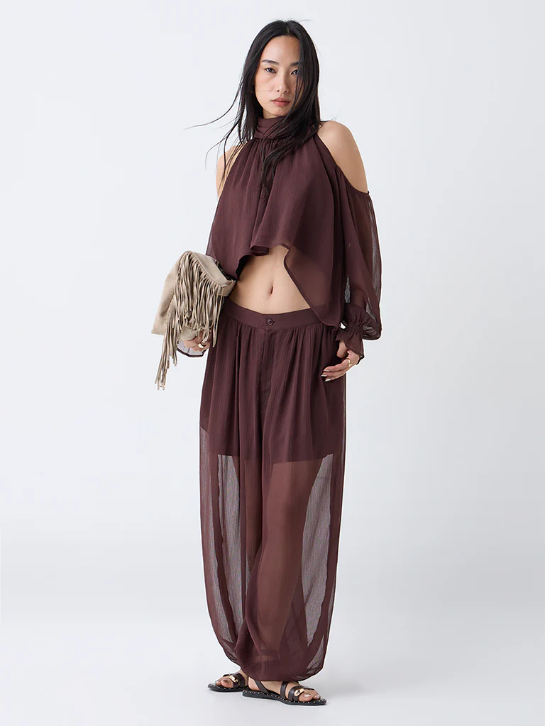 LOV Dark Brown Cold-Shoulder Top