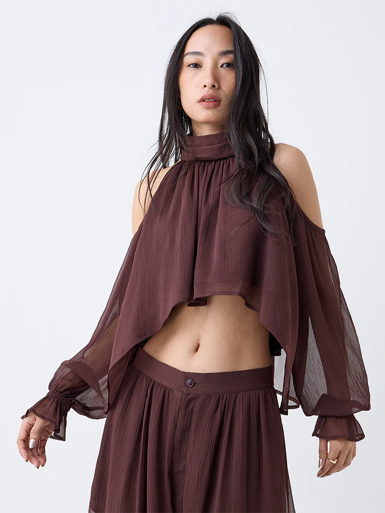 LOV Dark Brown Cold-Shoulder Top - Image 2
