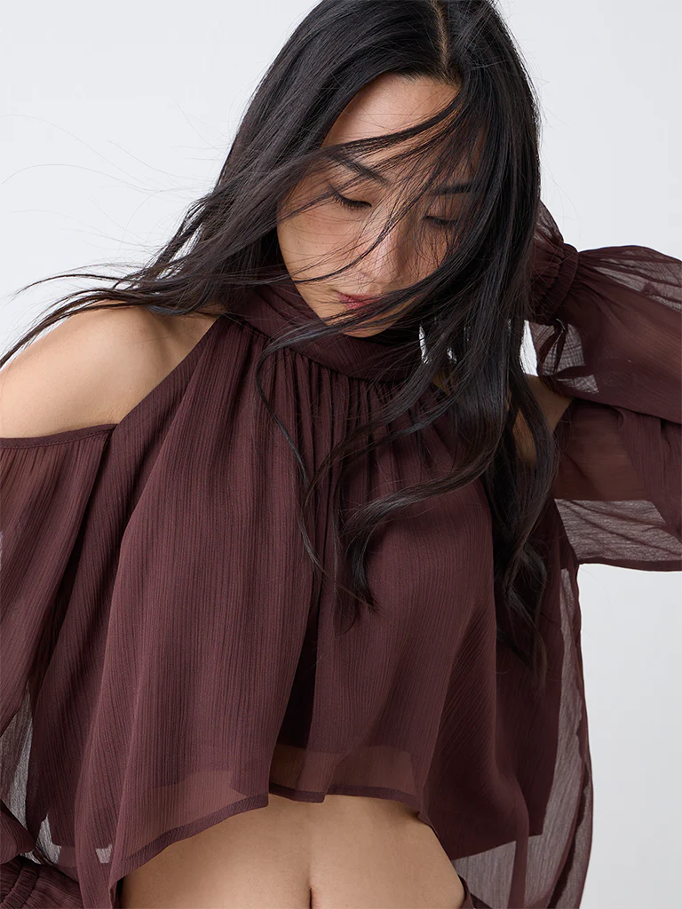 LOV Dark Brown Cold-Shoulder Top - Image 3