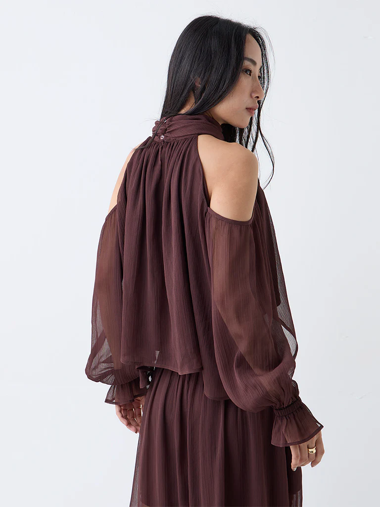 LOV Dark Brown Cold-Shoulder Top - Image 4