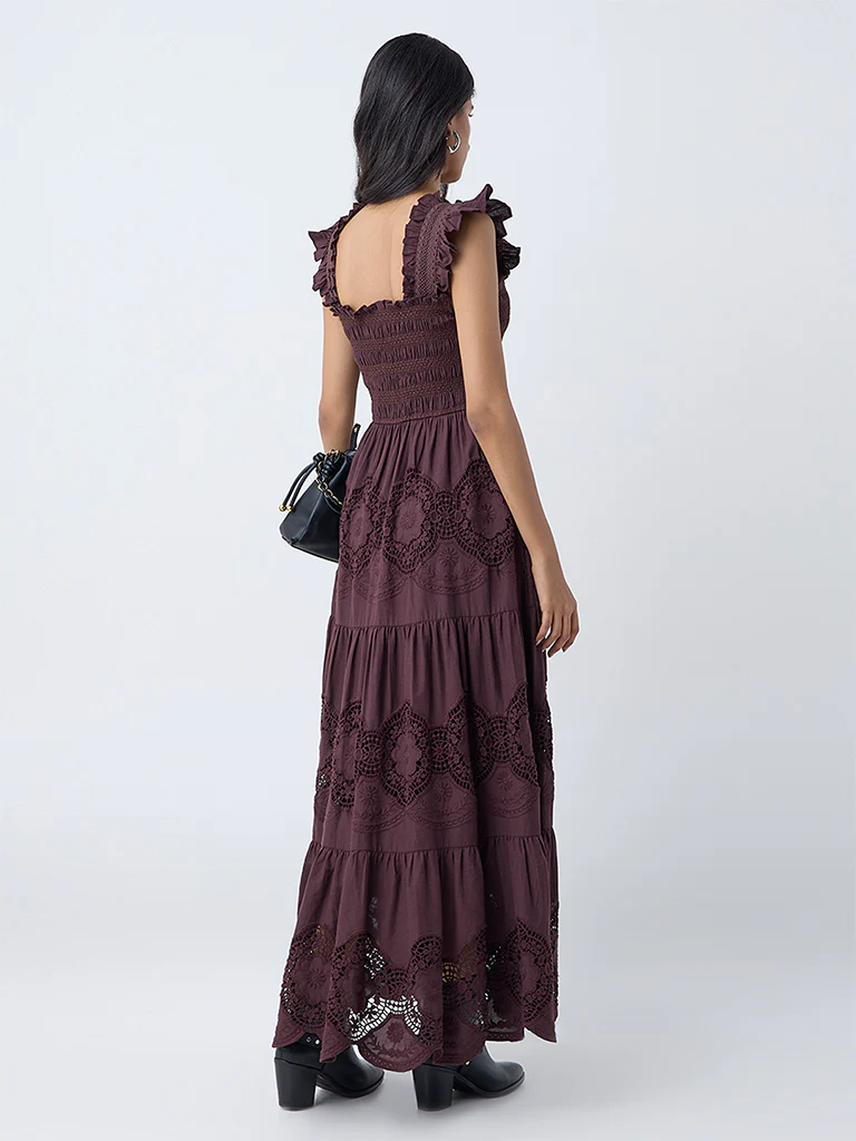 LOV Dark Brown Crochet-Detailed Cotton Tiered Dress - Image 4