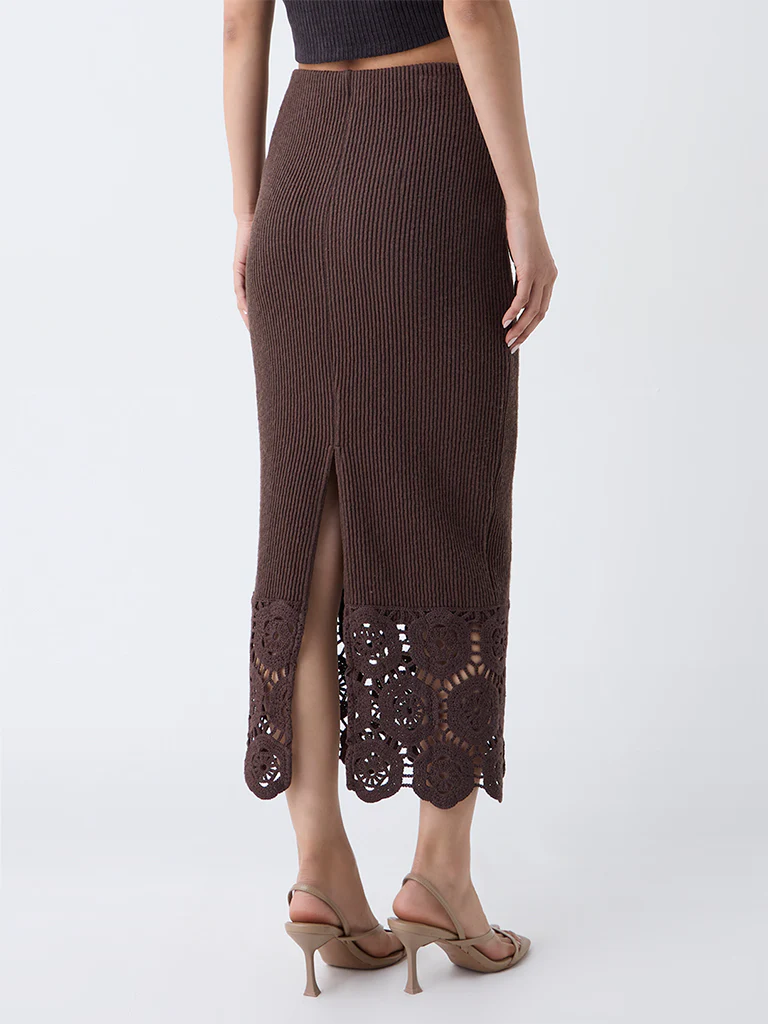 LOV Dark Brown Crochet-Detailed Ribbed High-Rise Cotton-Blend Skirt - Image 4