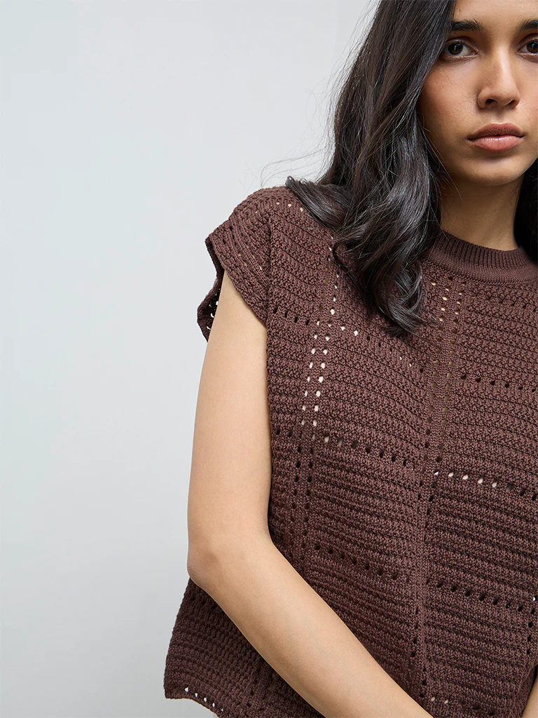 LOV Dark Brown Crochet Knit-Textured Top - Image 3