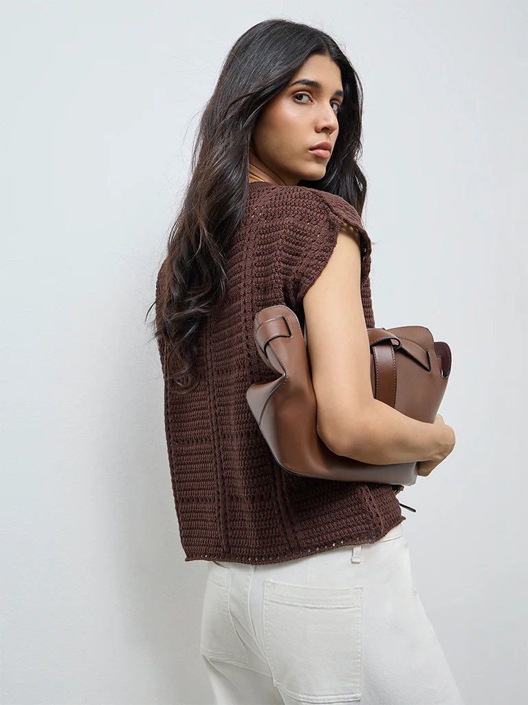 LOV Dark Brown Crochet Knit-Textured Top - Image 4