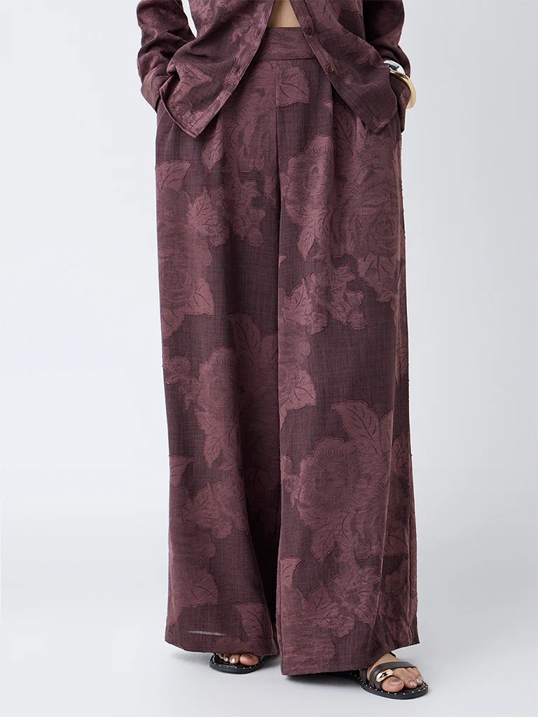 LOV Dark Brown Floral Design High-Rise Pants - Image 2