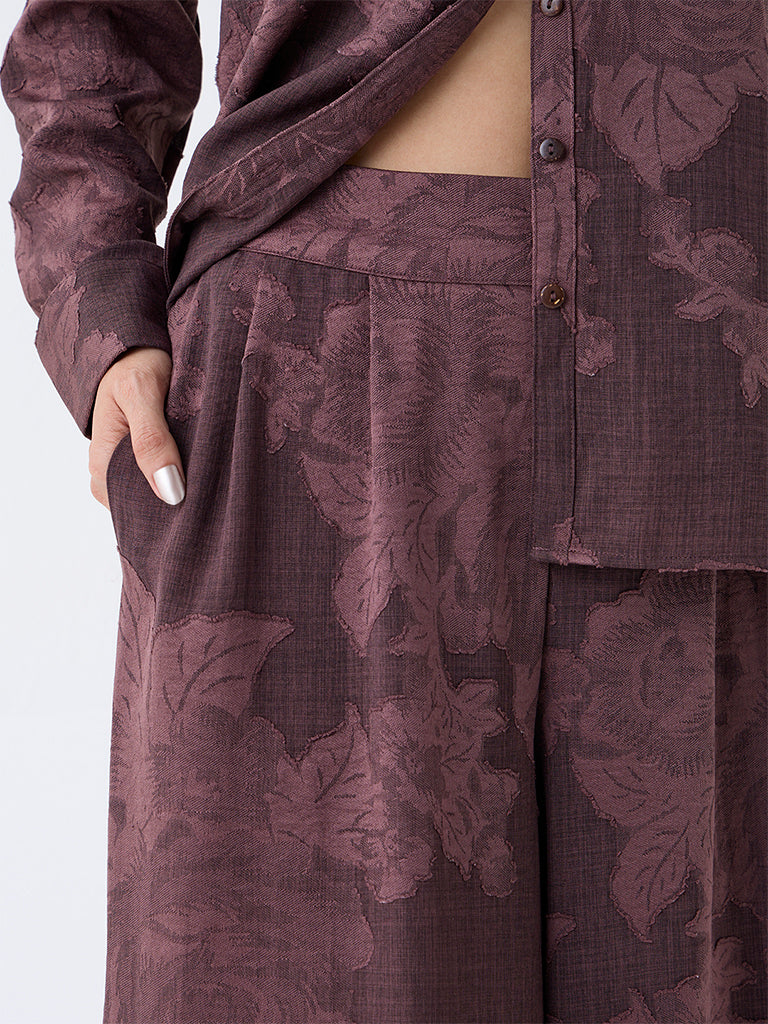 LOV Dark Brown Floral Design High-Rise Pants - Image 3