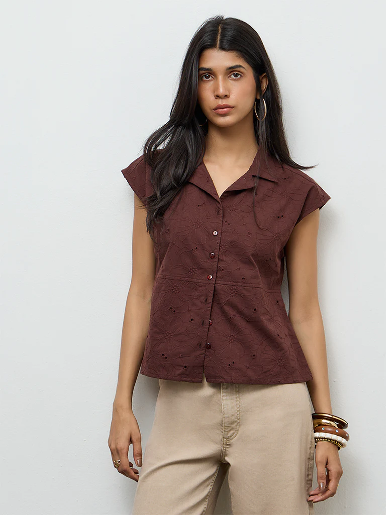 LOV Dark Brown Floral Embroidered Cotton Blouse