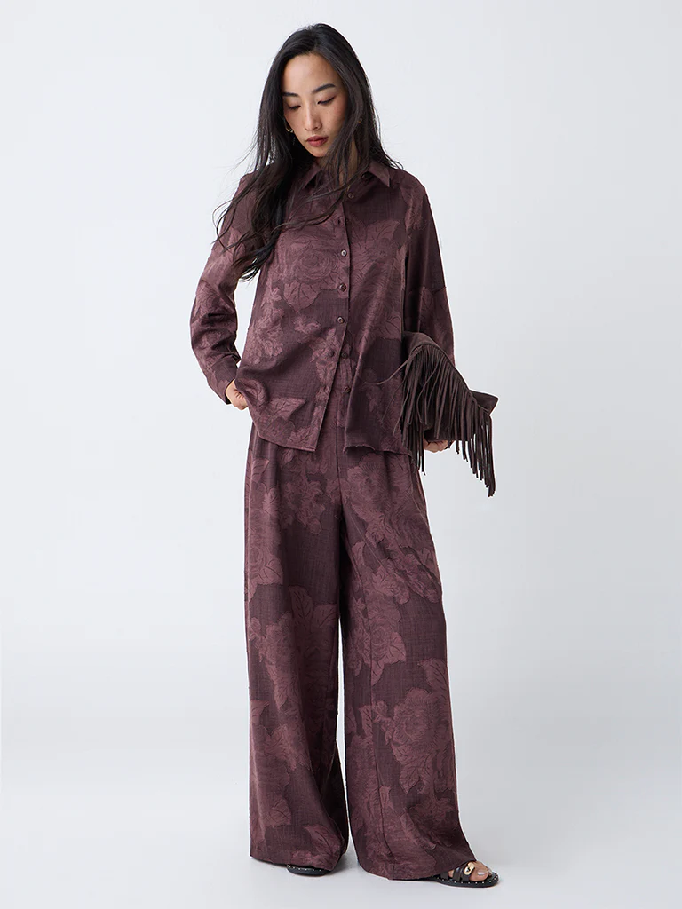 LOV Dark Brown Floral Pattern Shirt - Image 2