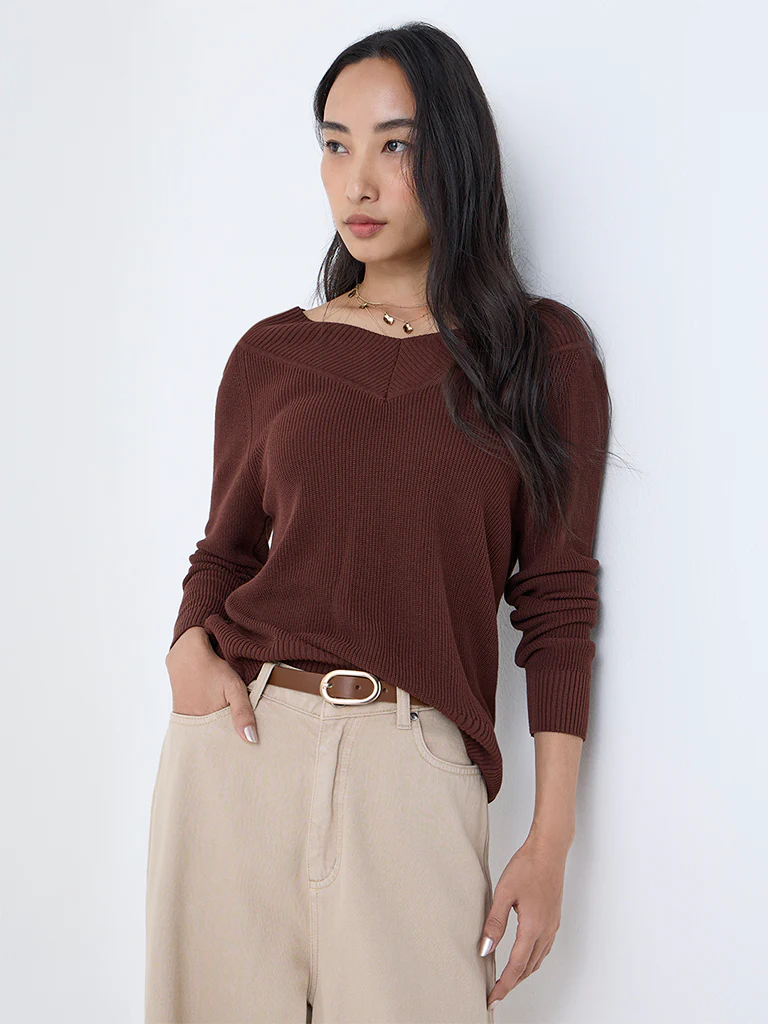 LOV Dark Brown Knit-Textured Top - Image 2