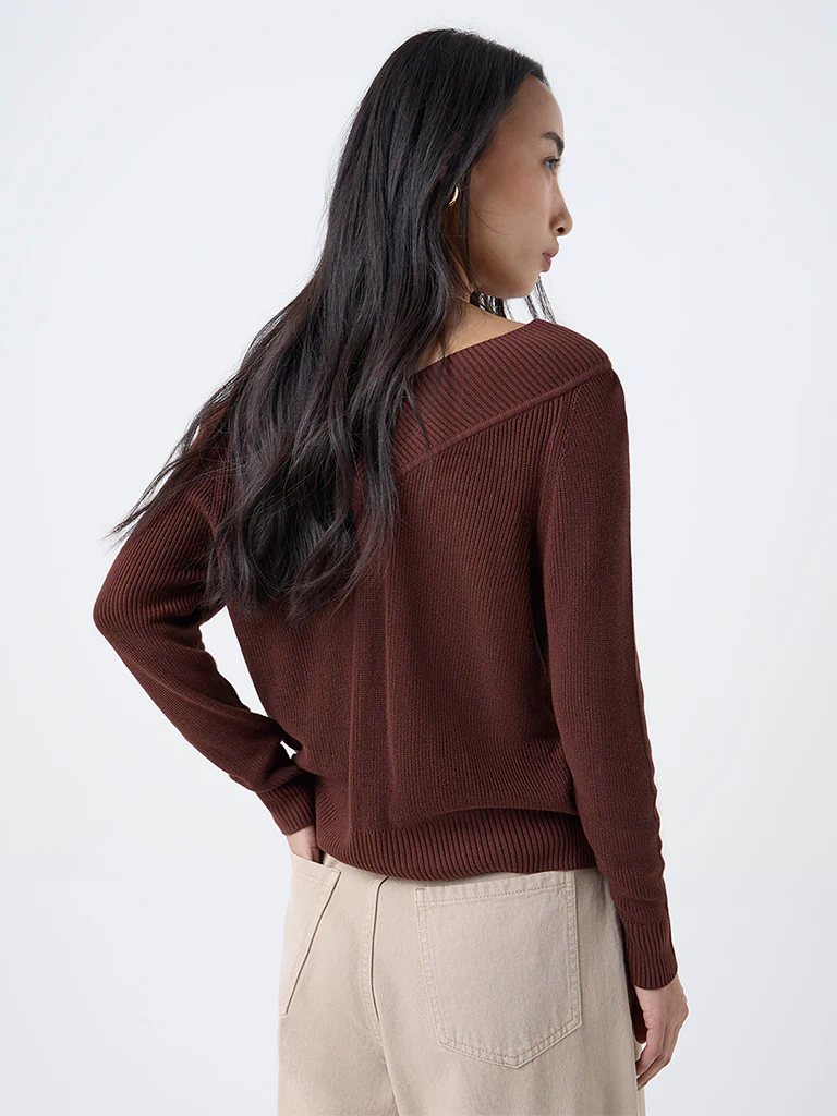 LOV Dark Brown Knit-Textured Top - Image 4