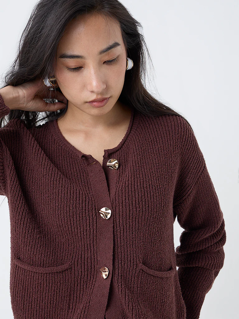 LOV Dark Brown Knitted Cotton-Blend Cardigan - Image 3