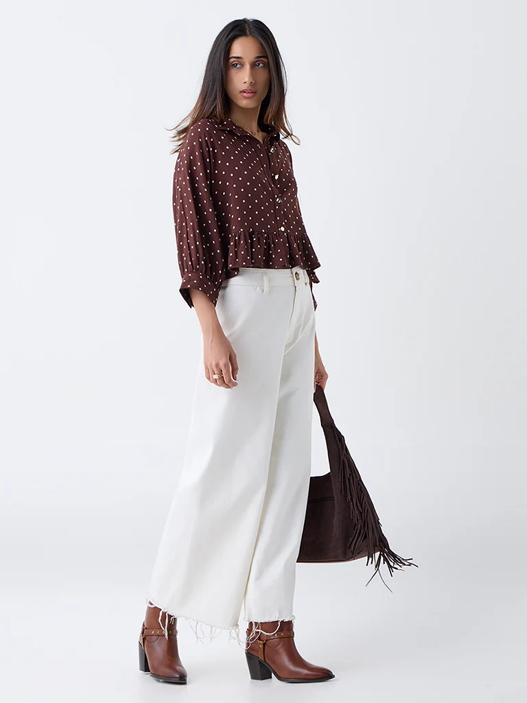 LOV Dark Brown Polka Dotted Peplum Top - Image 2