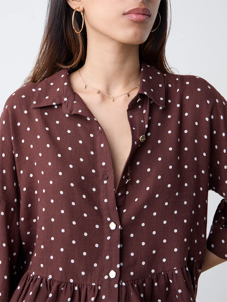 LOV Dark Brown Polka Dotted Peplum Top - Image 3
