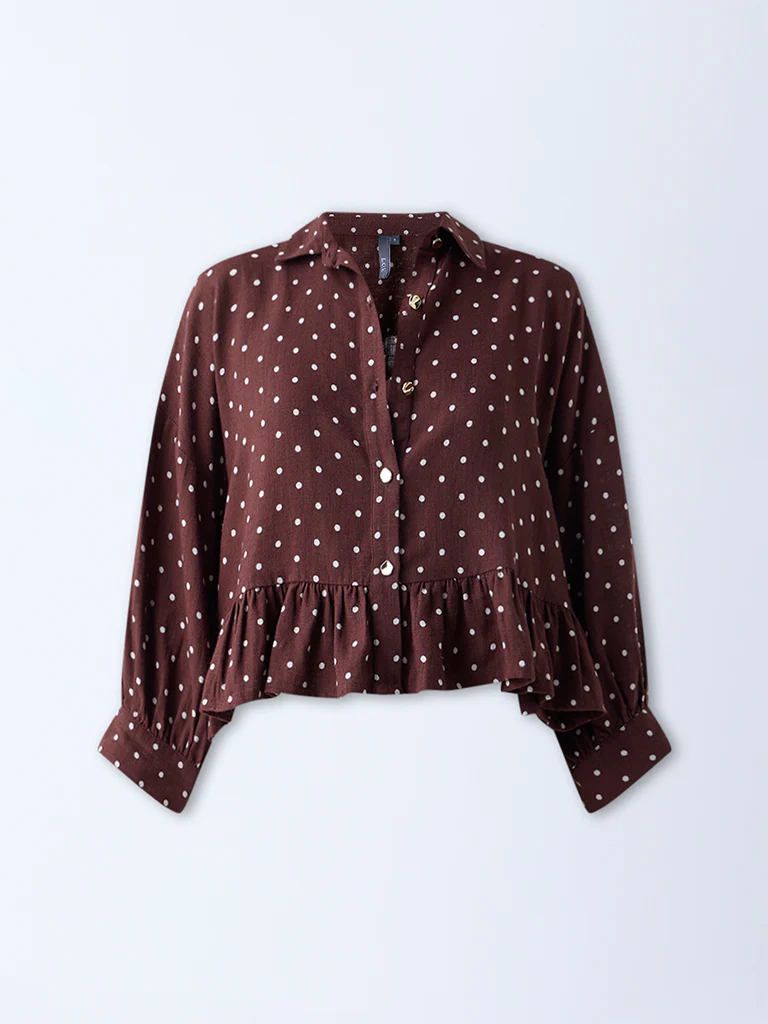 LOV Dark Brown Polka Dotted Peplum Top - Image 5
