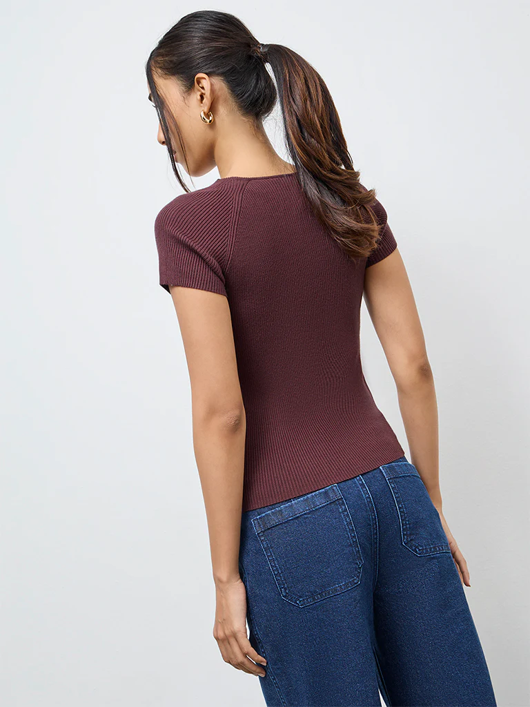 LOV Dark Brown Ribbed-Textured Top - Image 4