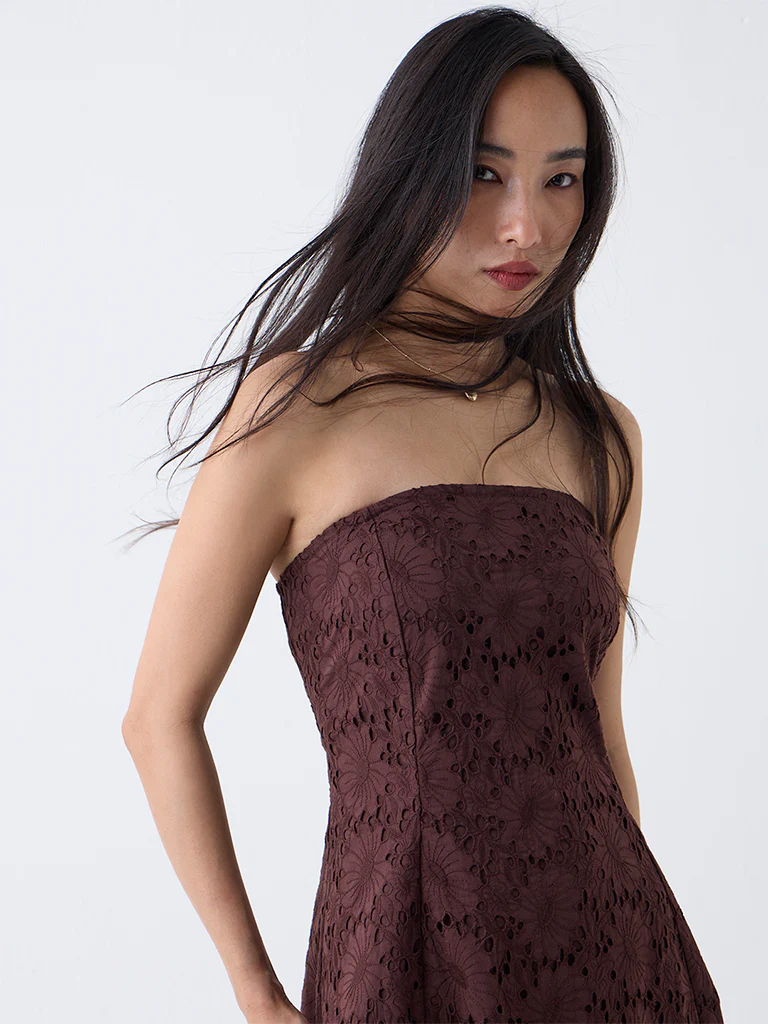 LOV Dark Brown Schiffli Design Cotton Tube A-Line Dress - Image 3