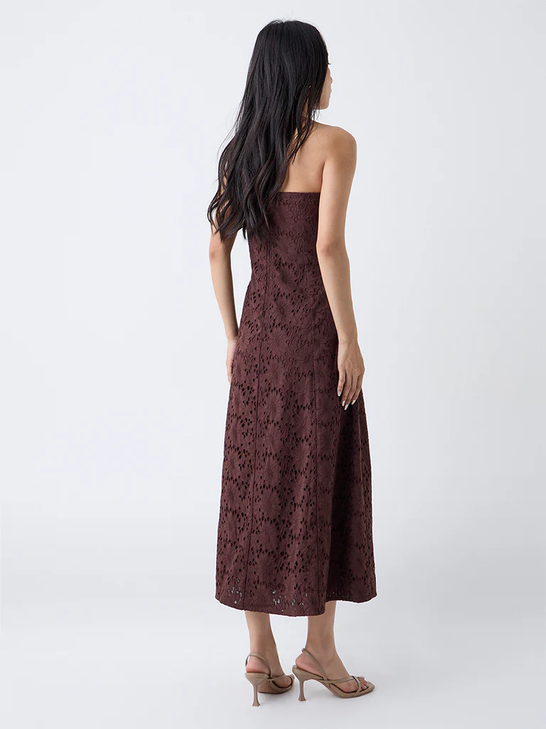 LOV Dark Brown Schiffli Design Cotton Tube A-Line Dress - Image 4