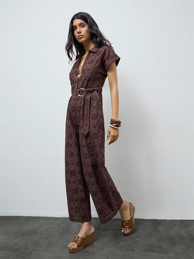 LOV Dark Brown Schiffli Embroidered Cotton Jumpsuit with Belt