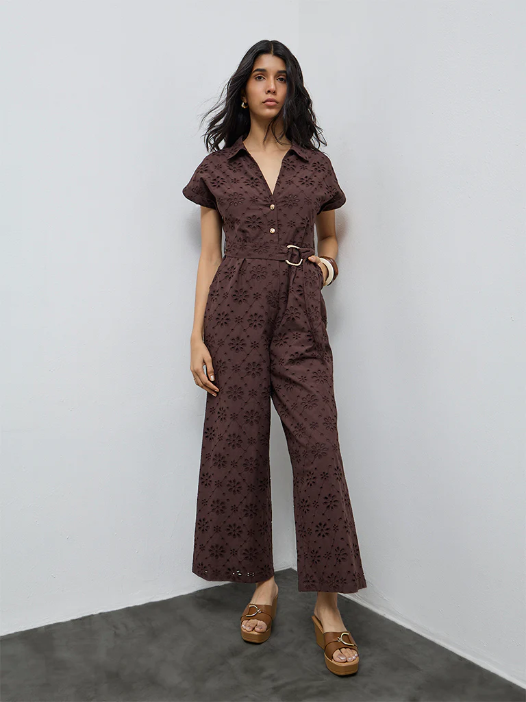 LOV Dark Brown Schiffli Embroidered Cotton Jumpsuit with Belt - Image 2