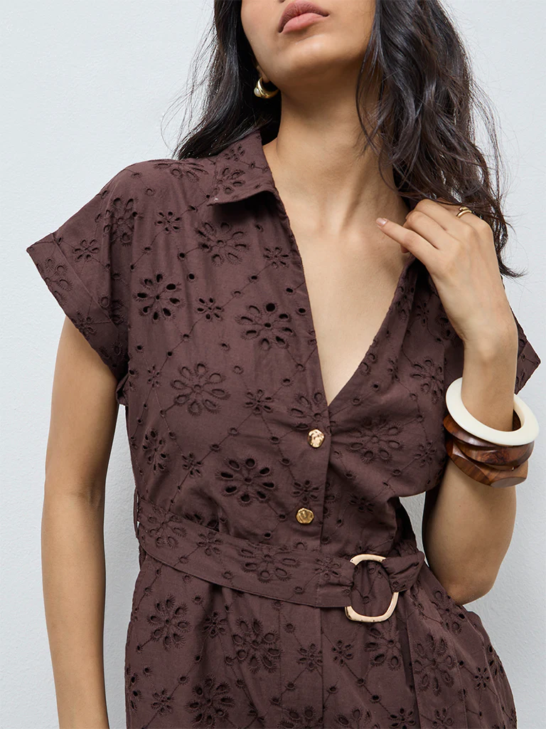LOV Dark Brown Schiffli Embroidered Cotton Jumpsuit with Belt - Image 3