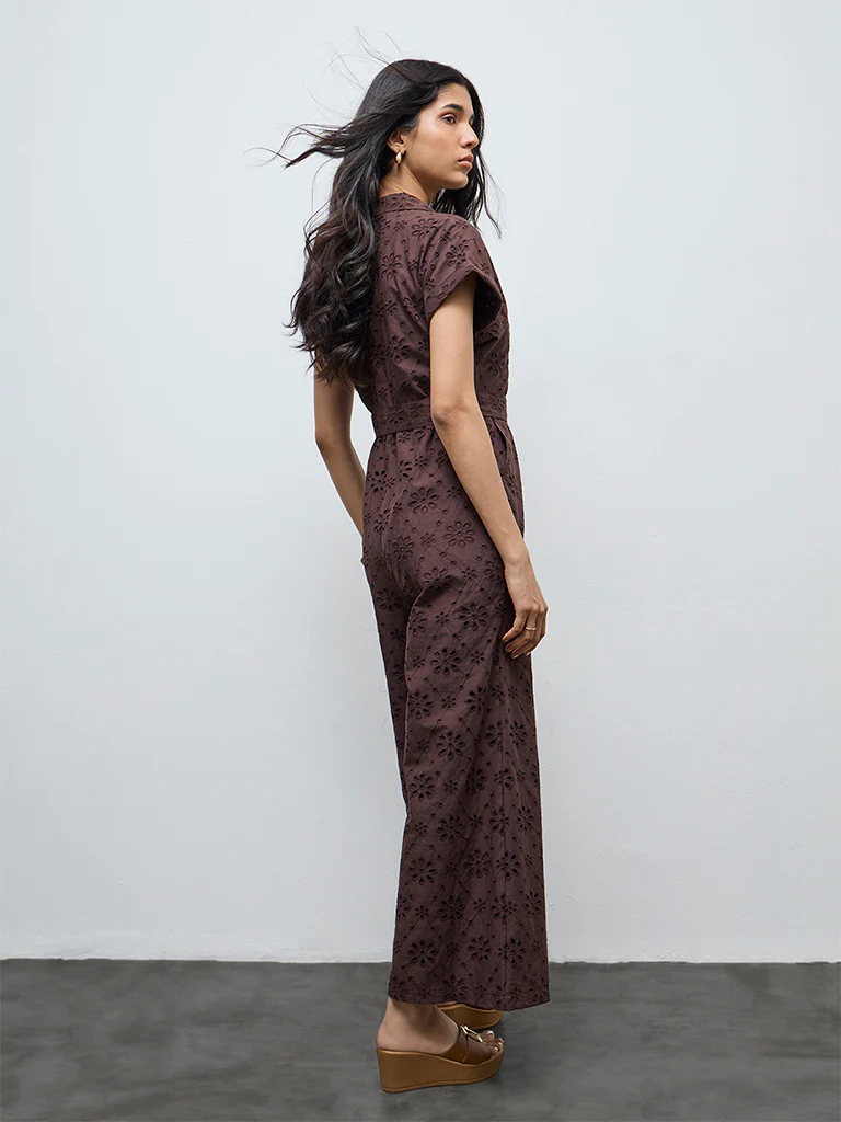 LOV Dark Brown Schiffli Embroidered Cotton Jumpsuit with Belt - Image 4