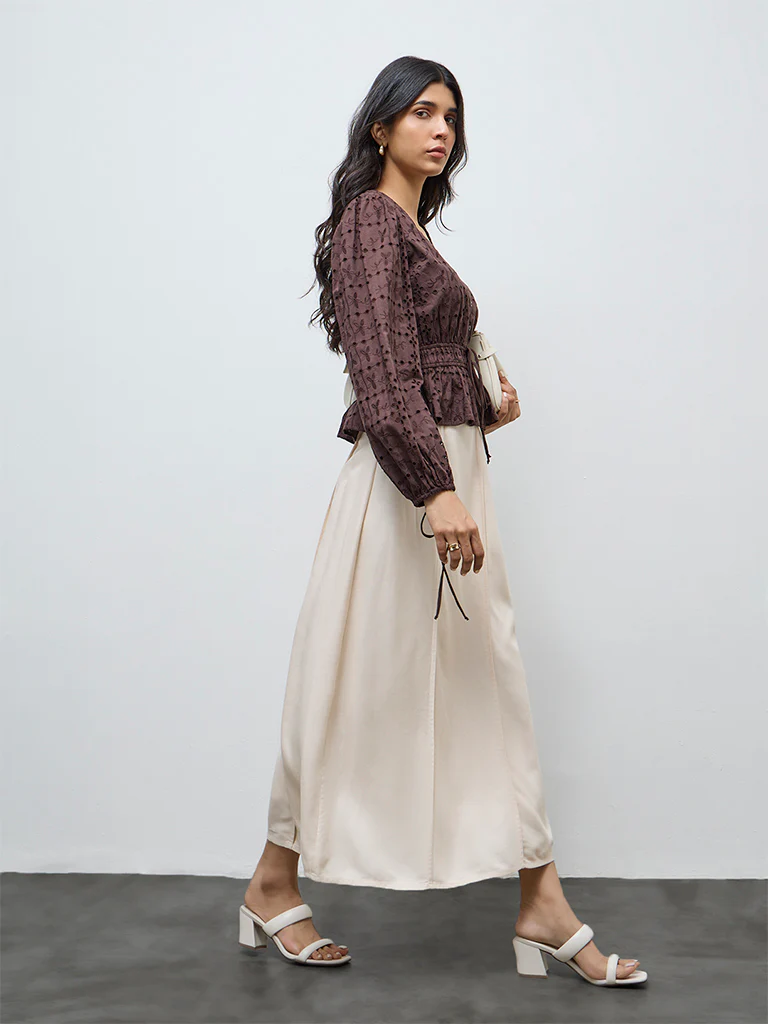 LOV Dark Brown Schiffli Embroidered Cotton Peplum Top - Image 2