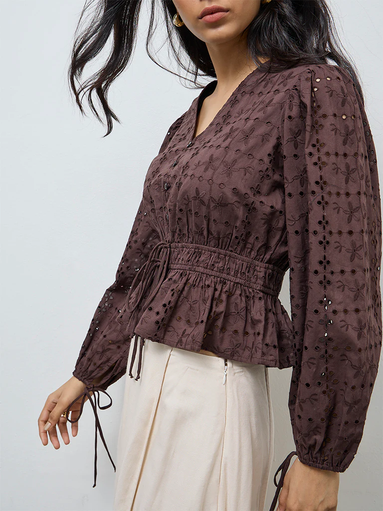 LOV Dark Brown Schiffli Embroidered Cotton Peplum Top - Image 3