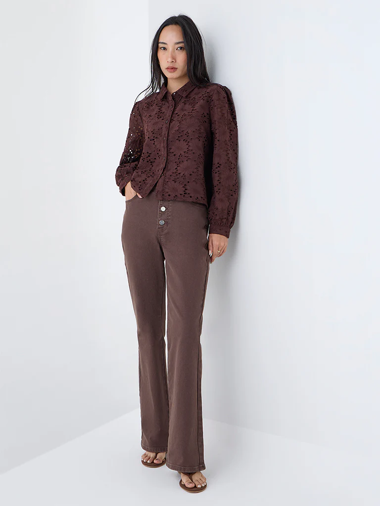 LOV Dark Brown Schiffli Embroidered Cotton Shirt - Image 2
