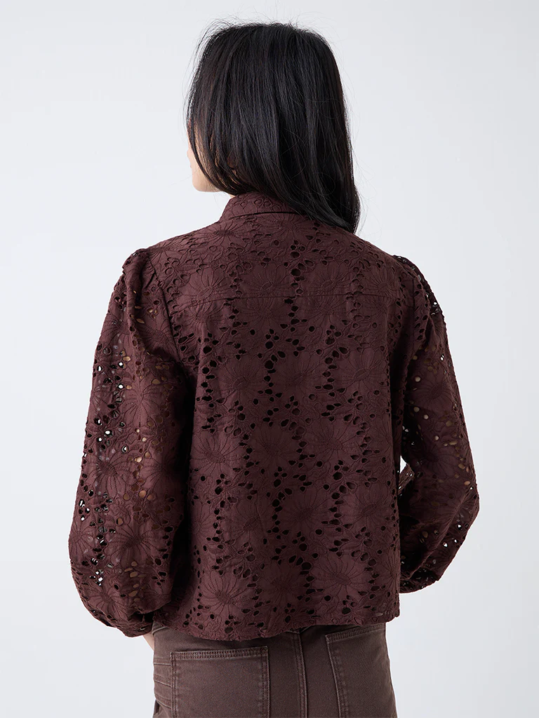 LOV Dark Brown Schiffli Embroidered Cotton Shirt - Image 4