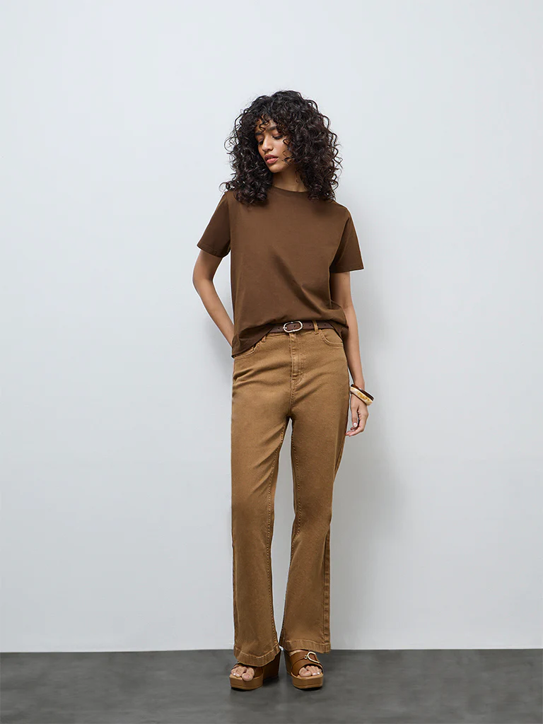 LOV Dark Brown Solid Cotton T-Shirt