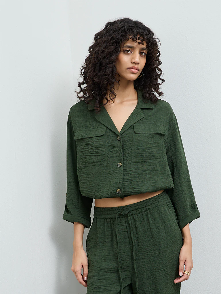 LOV Dark Green Crinkle-Textured Blouse
