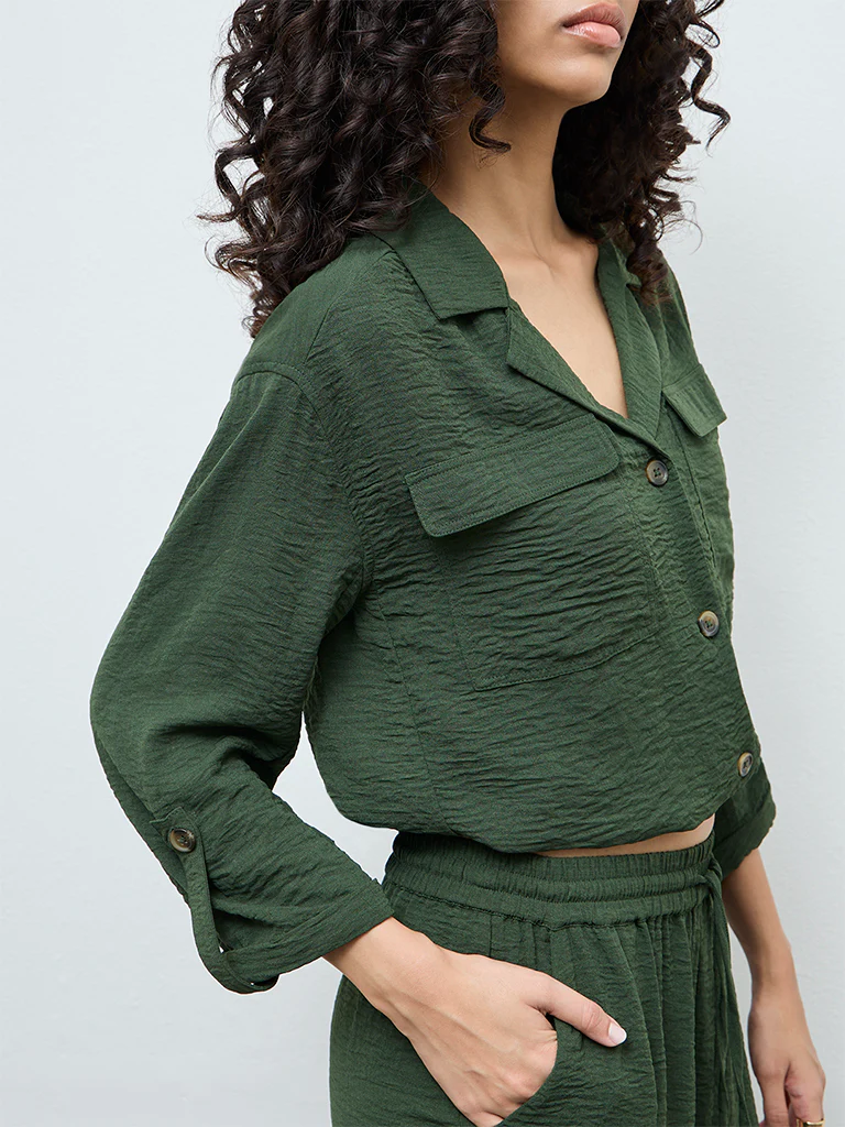 LOV Dark Green Crinkle-Textured Blouse - Image 3