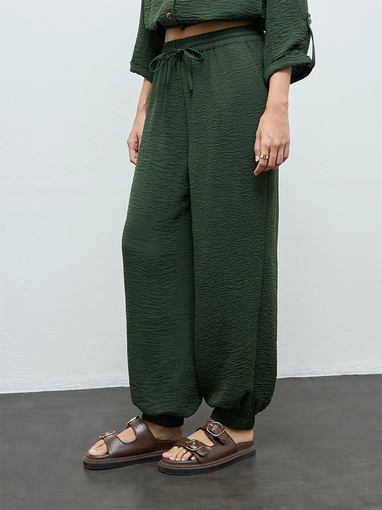 LOV Dark Green Crinkle-Textured High-Rise Pants - Image 2