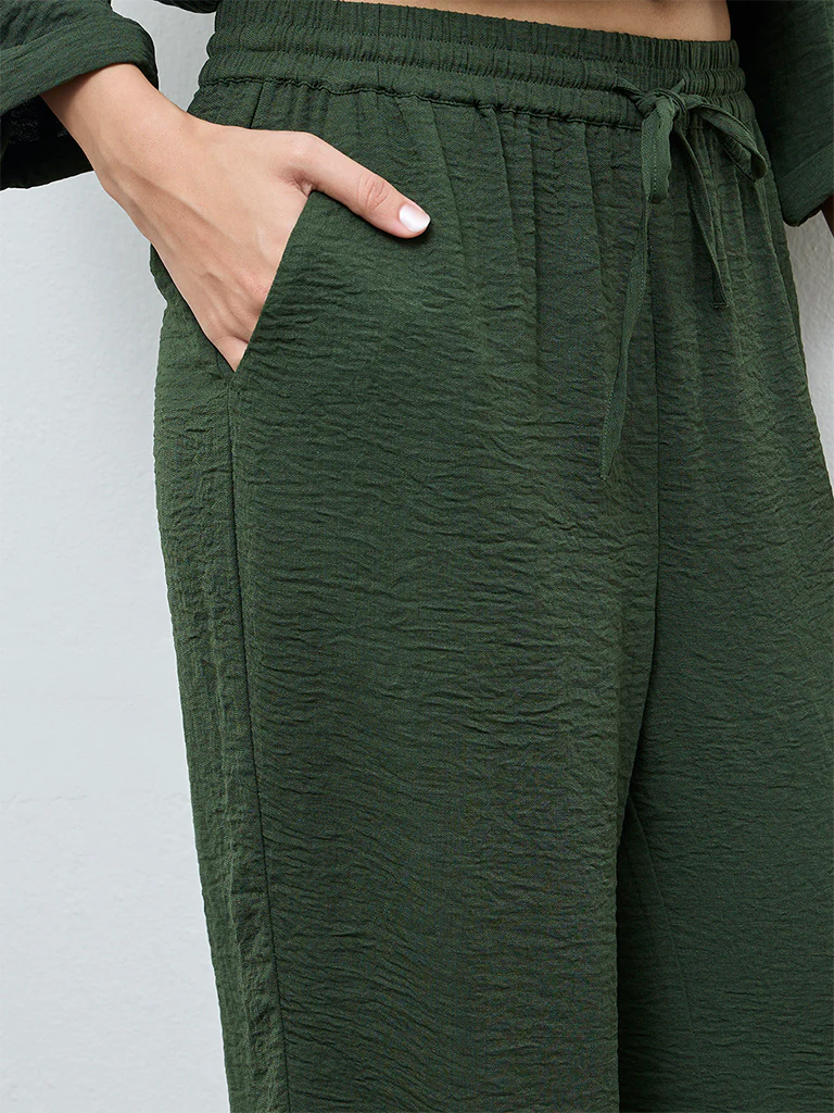 LOV Dark Green Crinkle-Textured High-Rise Pants - Image 3