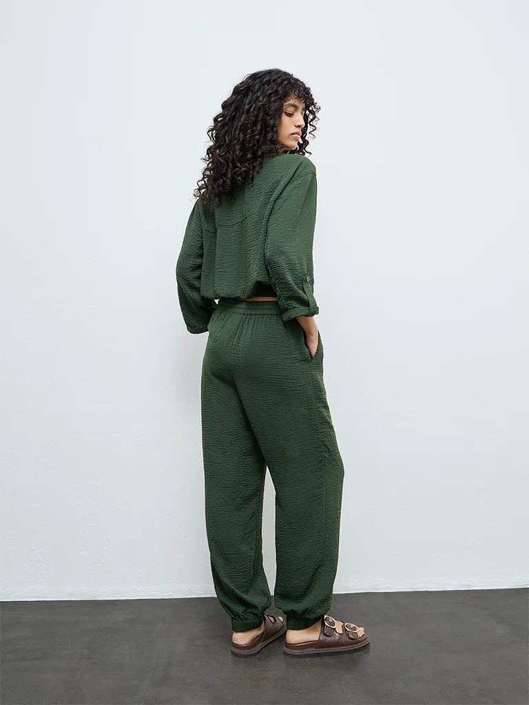 LOV Dark Green Crinkle-Textured High-Rise Pants - Image 4
