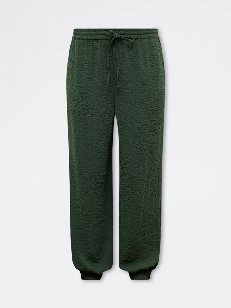 LOV Dark Green Crinkle-Textured High-Rise Pants - Image 5