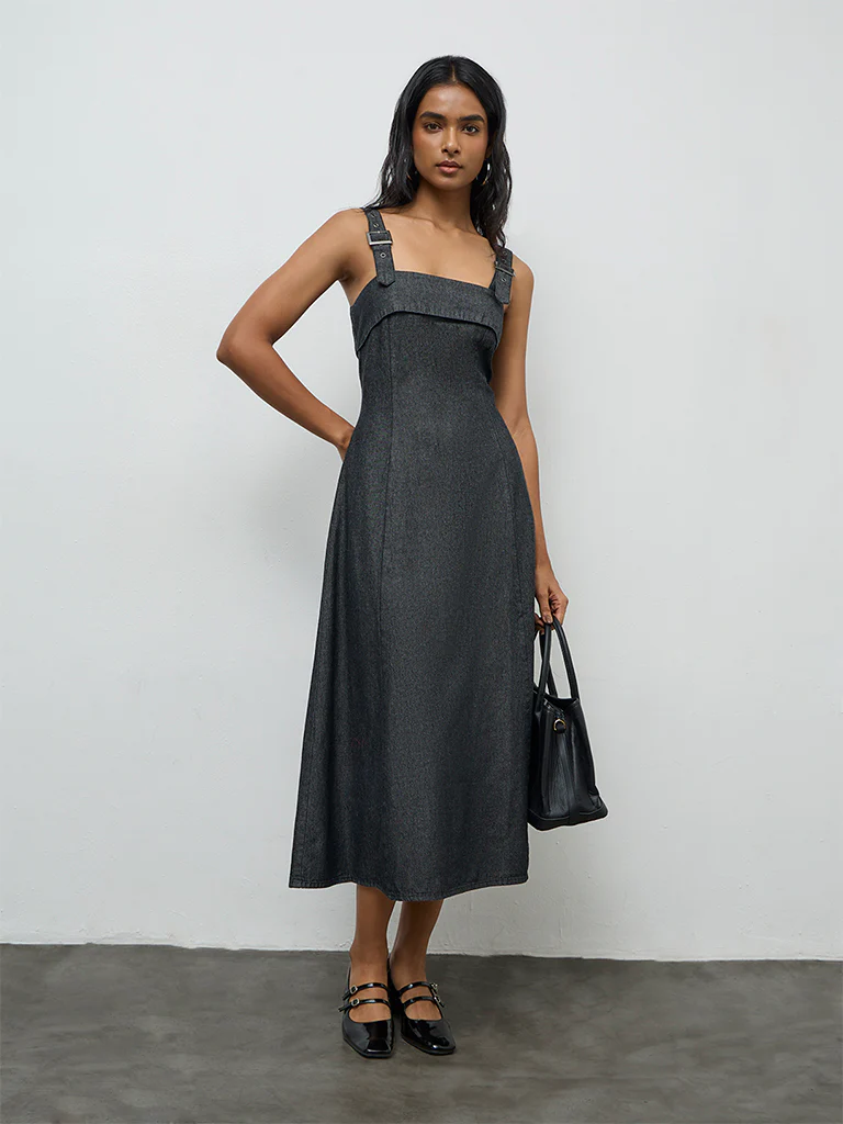 LOV Dark Grey Denim A-Line Dress - Image 2