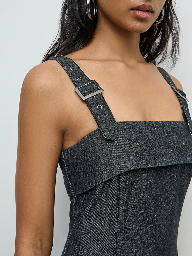LOV Dark Grey Denim A-Line Dress - Image 3