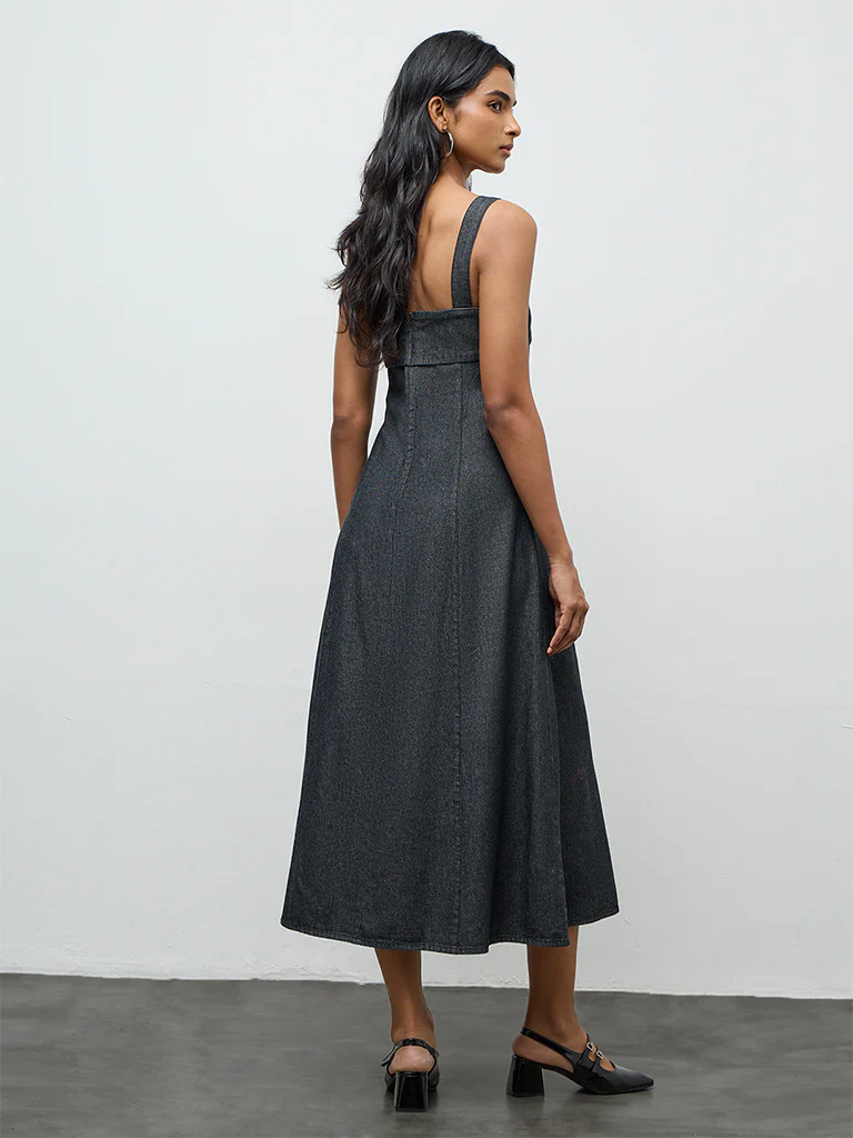 LOV Dark Grey Denim A-Line Dress - Image 4