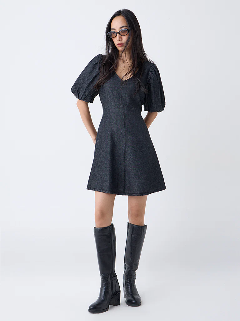 LOV Dark Grey Solid Denim A-Line Dress