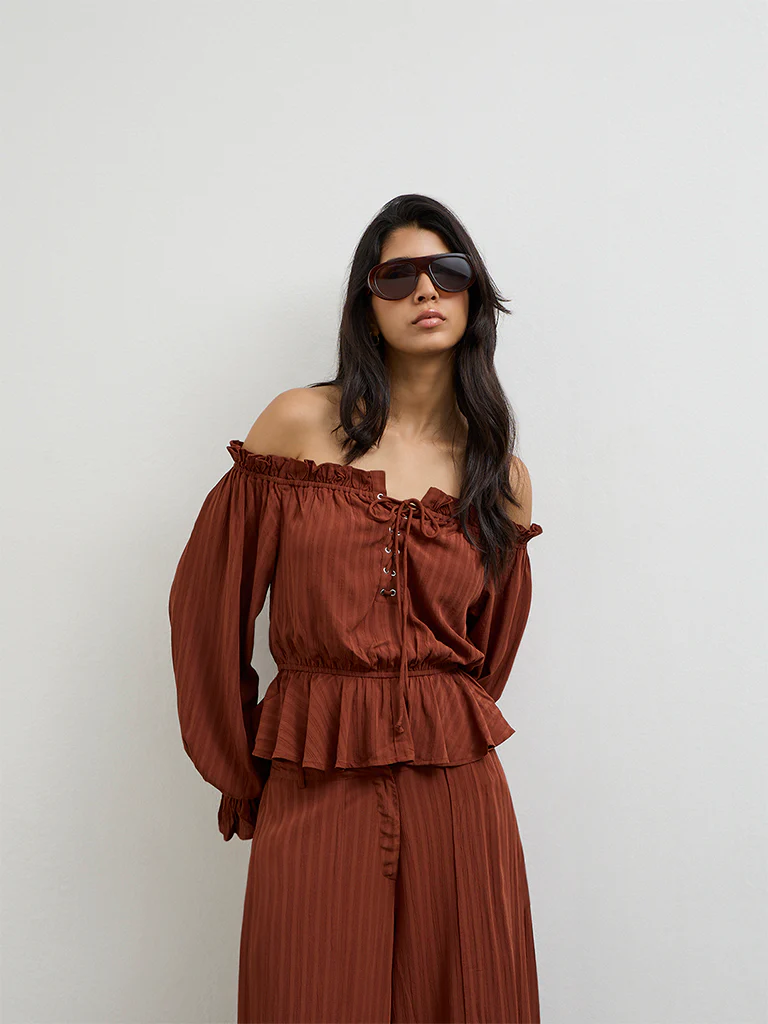 LOV Dark Rust Off-Shoulder Tie-Up Blouse - Image 2