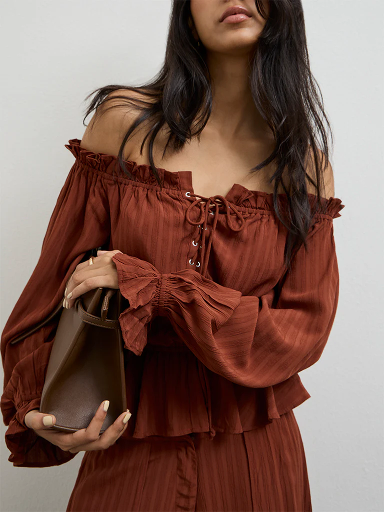 LOV Dark Rust Off-Shoulder Tie-Up Blouse - Image 3