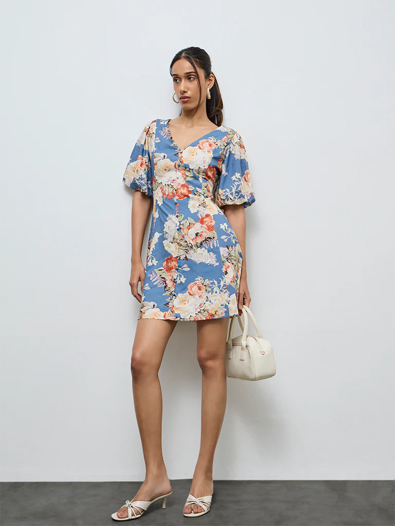 LOV Dusty Blue Floral Pattern A-Line Dress - Image 2