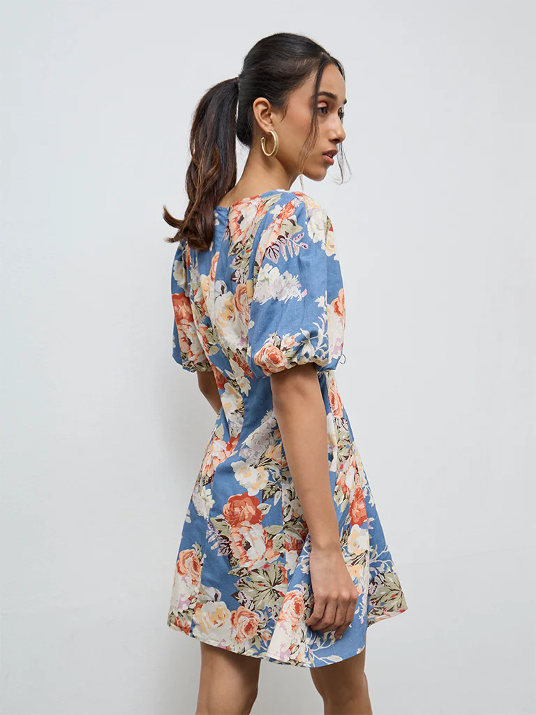 LOV Dusty Blue Floral Pattern A-Line Dress - Image 4