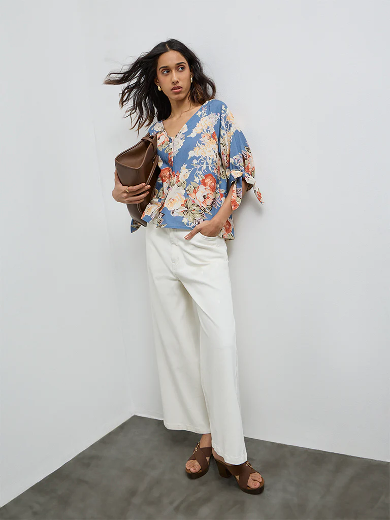LOV Dusty Blue Floral Printed Blouse - Image 2