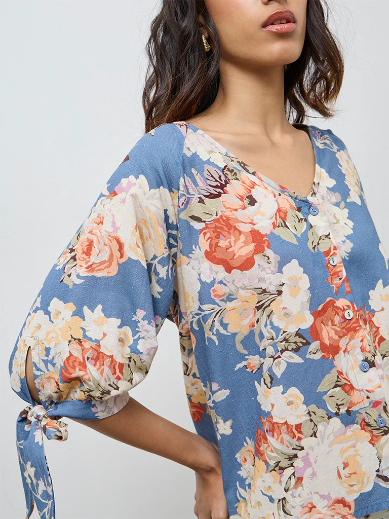 LOV Dusty Blue Floral Printed Blouse - Image 3