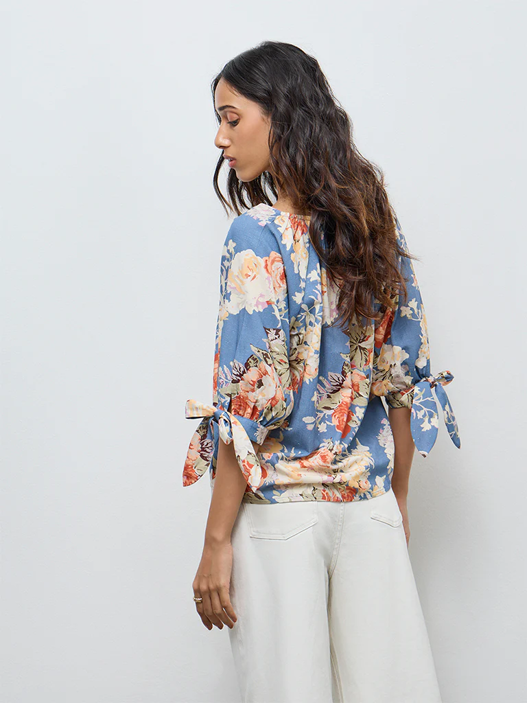 LOV Dusty Blue Floral Printed Blouse - Image 4