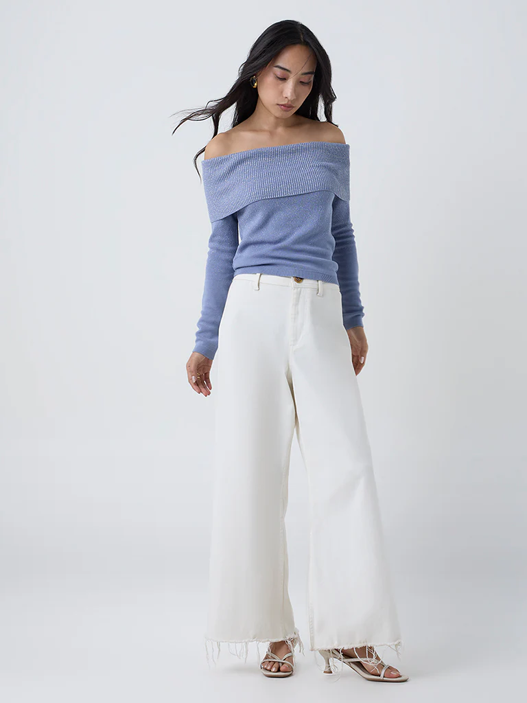 LOV Dusty Blue Knit Textured Off-Shoulder Top