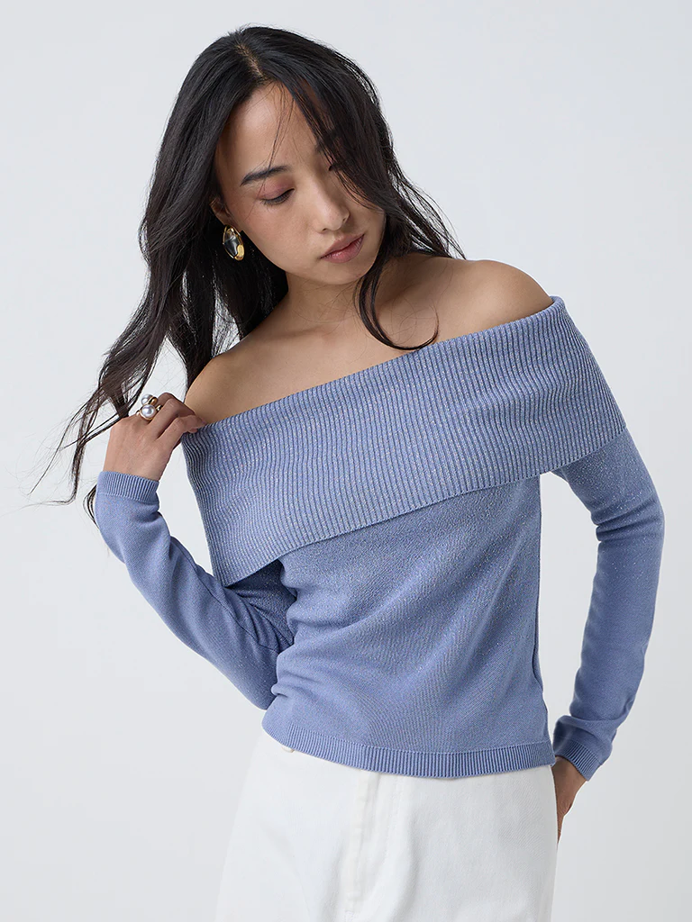 LOV Dusty Blue Knit Textured Off-Shoulder Top - Image 2